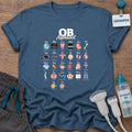 OB Alphabet t-shirt with an A to Z OB ultrasound alphabet chart with icons from Amniotic Fluid and Biometry to Yolk Sac and Zygote, in Indigo Blue, by Sono Graphics