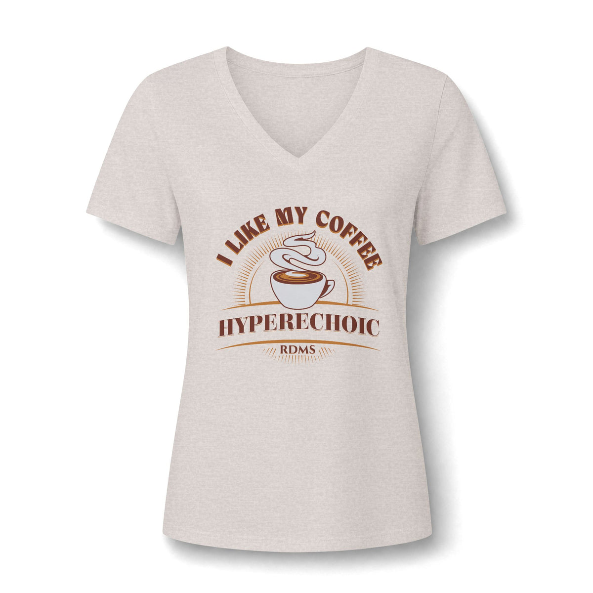I Like My Coffee Hyperechoic sonographer V-neck tee with a steaming coffee cup and I Like My Coffee Hyperechoic RDMS in retro type, in Heather Dust, by Sono Graphics