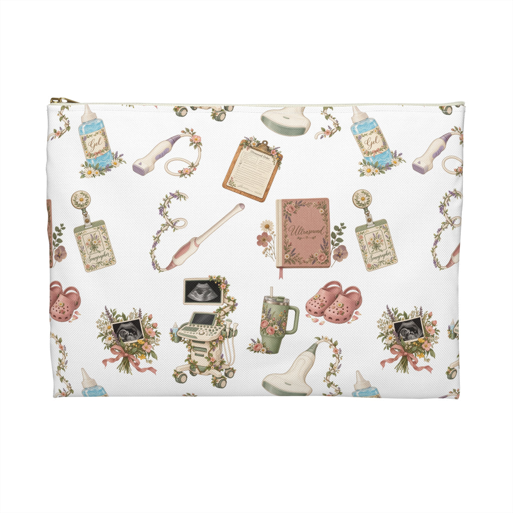 White Floral Ultrasound Tech Accessory Pouch - Makeup Bag, Pencil Pouch