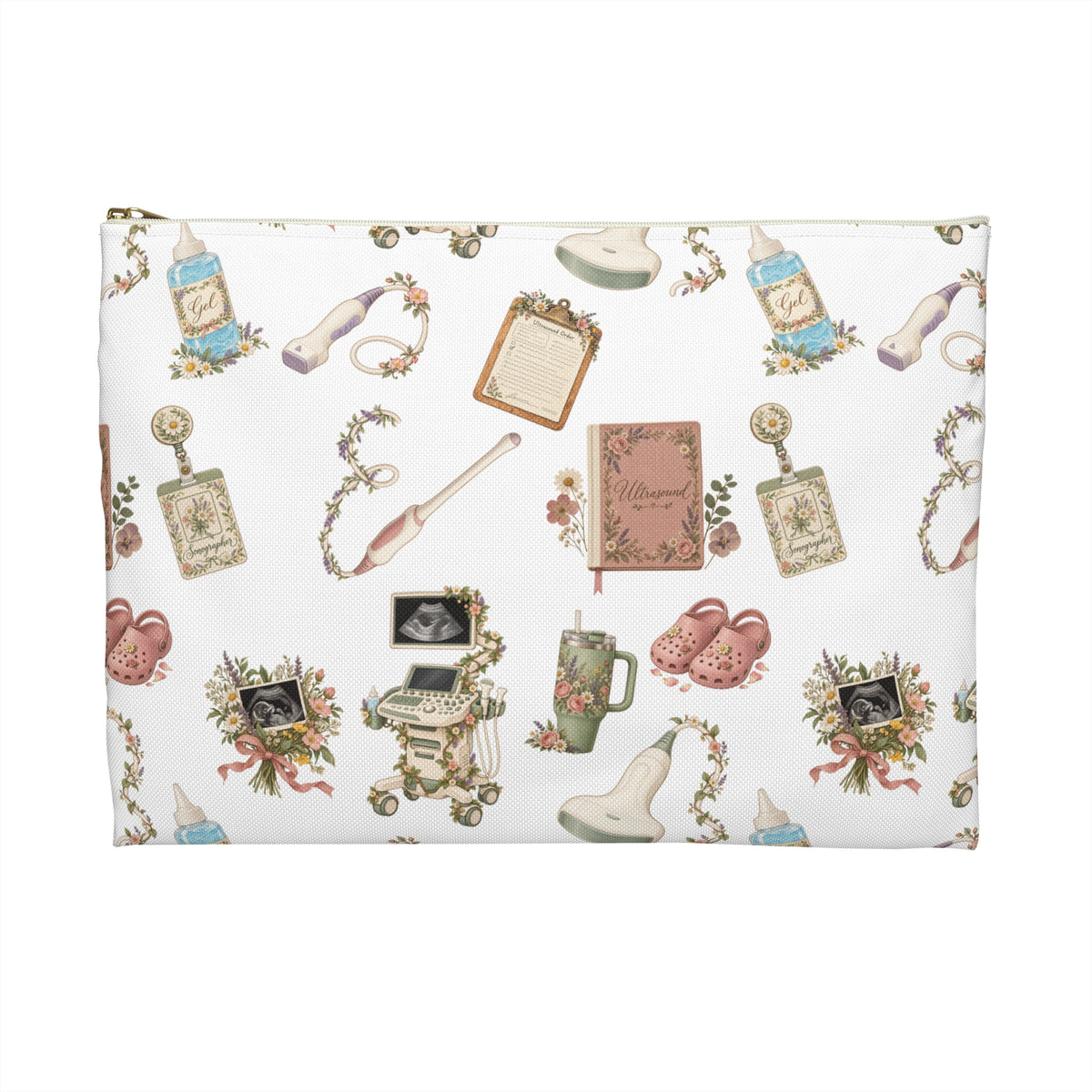 White Floral Ultrasound Tech Accessory Pouch - Makeup Bag, Pencil Pouch