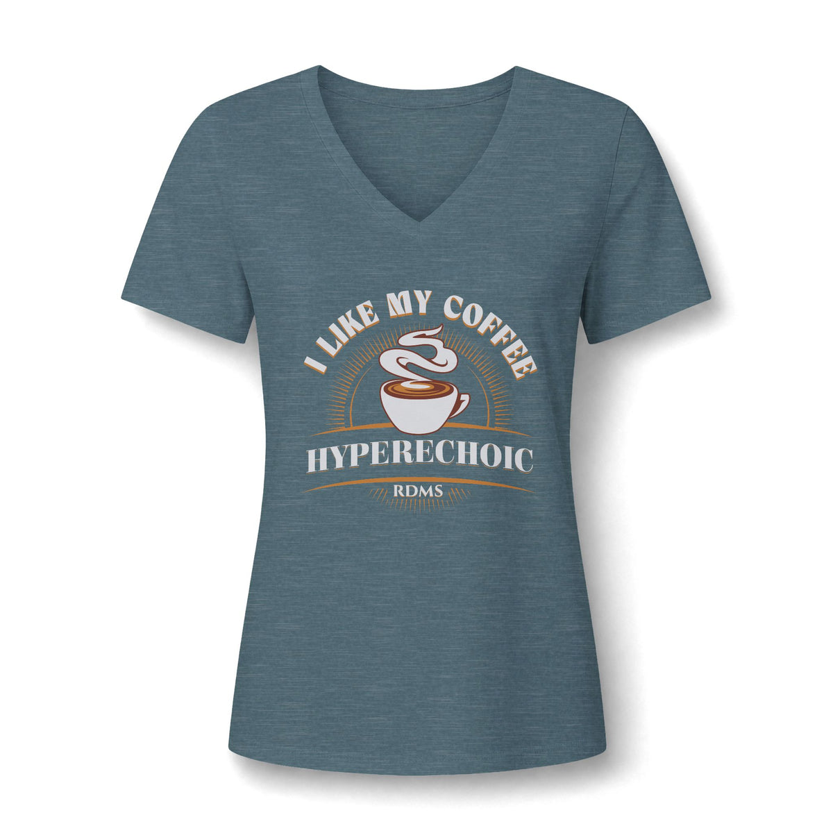 I Like My Coffee Hyperechoic sonographer V-neck tee with a steaming coffee cup and I Like My Coffee Hyperechoic RDMS in retro type, in Heather Slate, by Sono Graphics