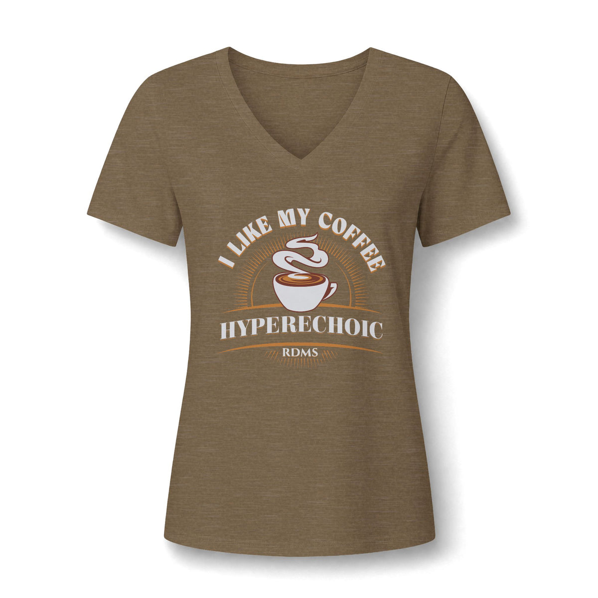 I Like My Coffee Hyperechoic sonographer V-neck tee with a steaming coffee cup and I Like My Coffee Hyperechoic RDMS in retro type, in Heather Olive, by Sono Graphics