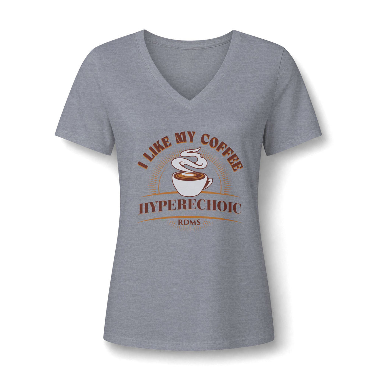 I Like My Coffee Hyperechoic sonographer V-neck tee with a steaming coffee cup and I Like My Coffee Hyperechoic RDMS in retro type, in Athletic Heather, by Sono Graphics