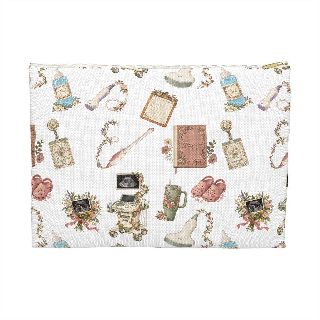 White Floral Ultrasound Tech Accessory Pouch - Makeup Bag, Pencil Pouch