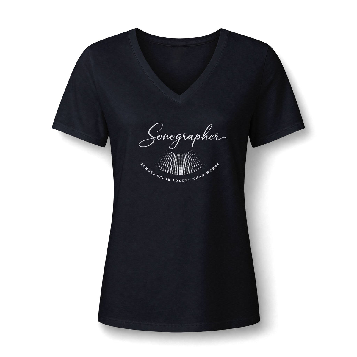 Echoes Speak Louder Than Words sonographer V-neck tee with Sonographer in script above an ultrasound sector fan, in Black, by Sono Graphics