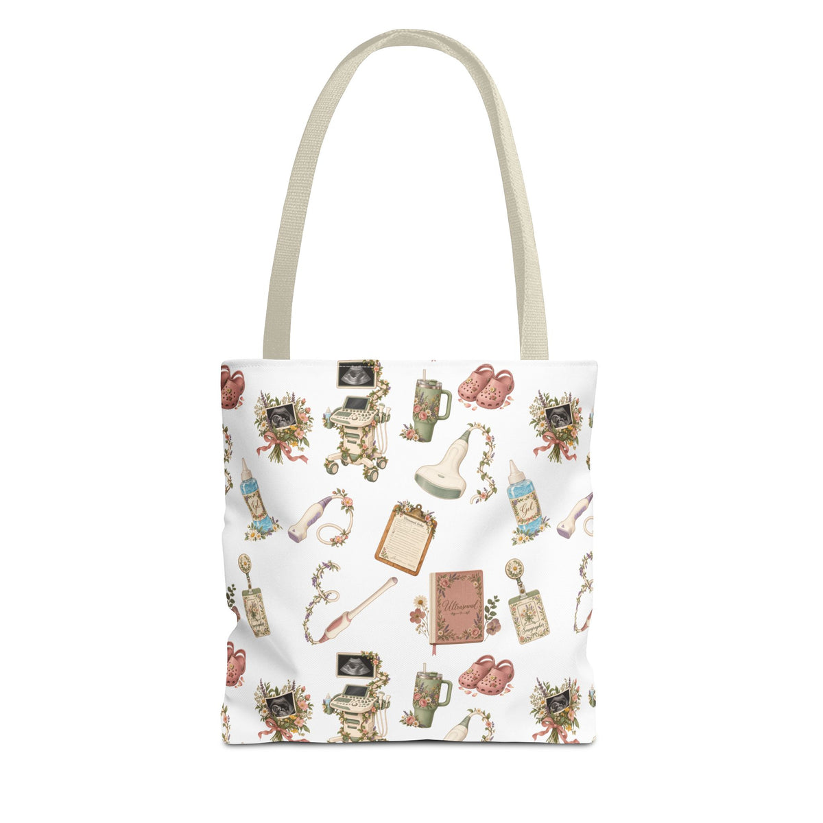 White Floral Ultrasound Tech Tote Bag for Sonographers