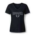 Varsity Sonographer V-neck tee with SONOGRAPHER in arched collegiate letters over an RDMS laurel wreath, in Black, by Sono Graphics
