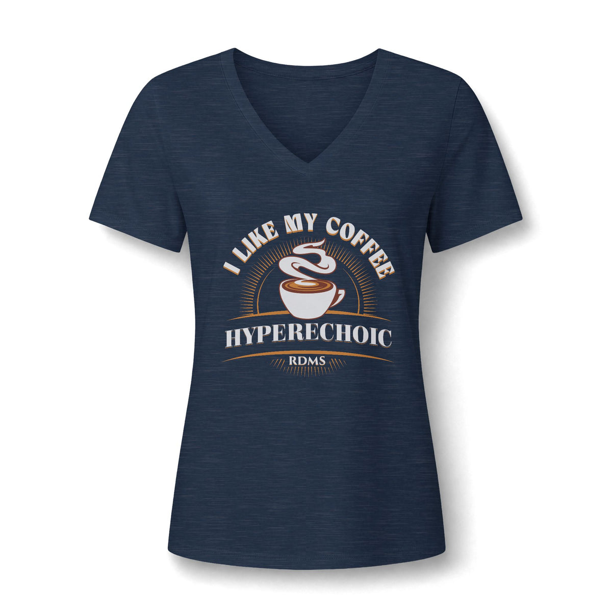 I Like My Coffee Hyperechoic sonographer V-neck tee with a steaming coffee cup and I Like My Coffee Hyperechoic RDMS in retro type, in Navy, by Sono Graphics