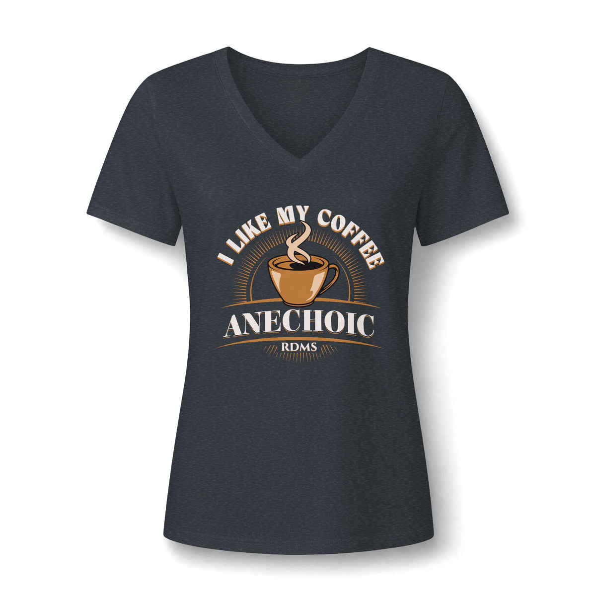 I Like My Coffee Anechoic sonographer V-neck tee with a black coffee cup and I Like My Coffee Anechoic RDMS in retro type, in Dark Grey Heather, by Sono Graphics