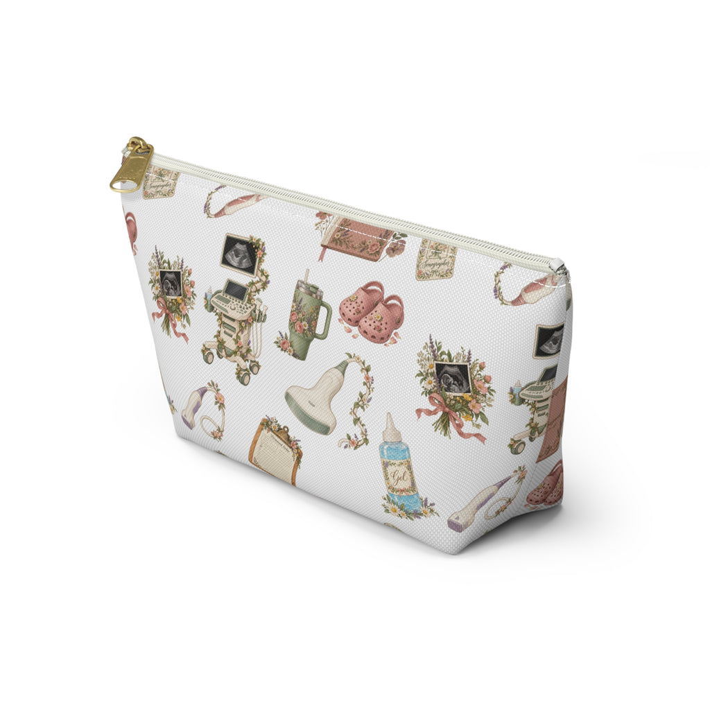 White Floral Ultrasound Tech Accessory Pouch - The tapered T-bottom