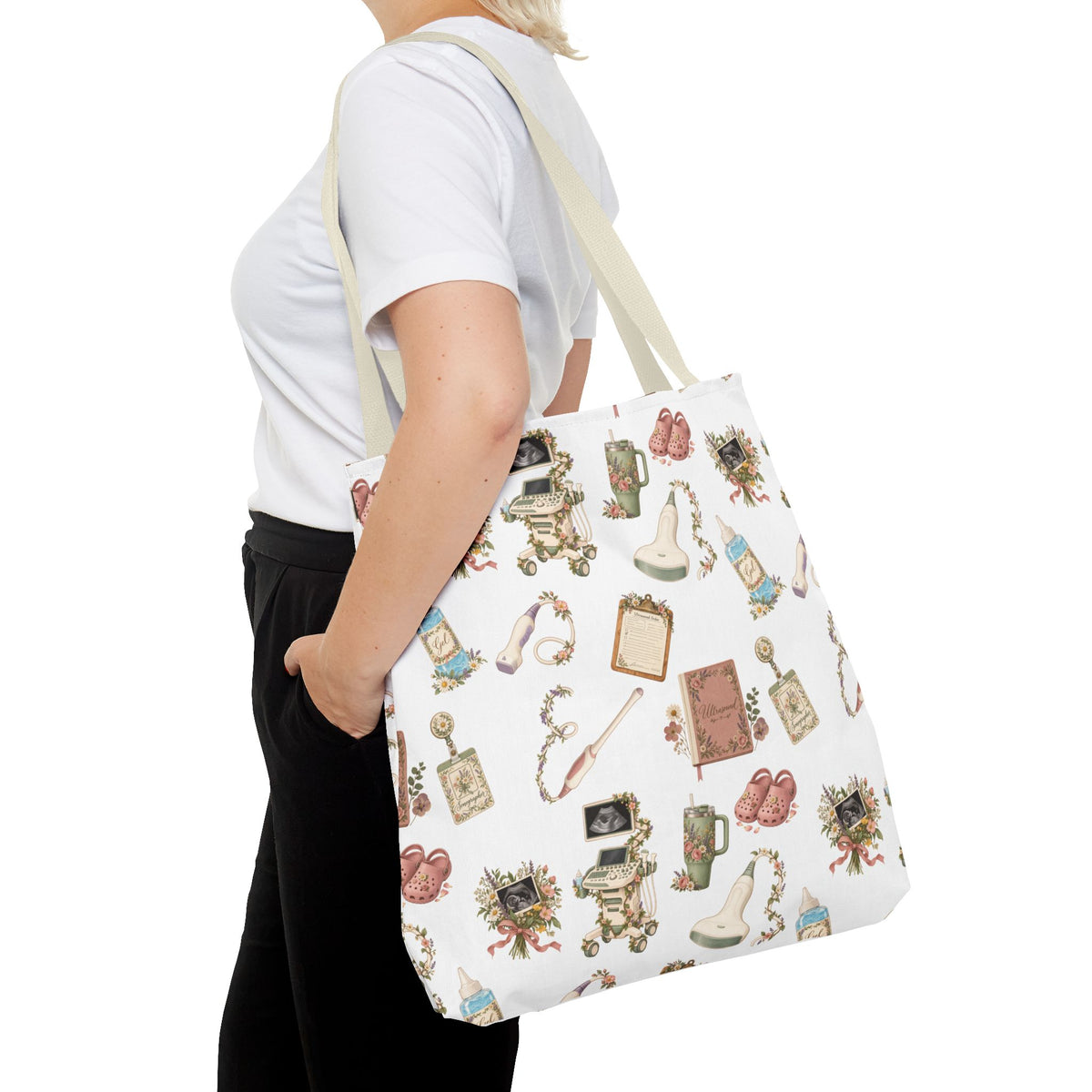 White Floral Ultrasound Tech Tote Bag for Sonographers