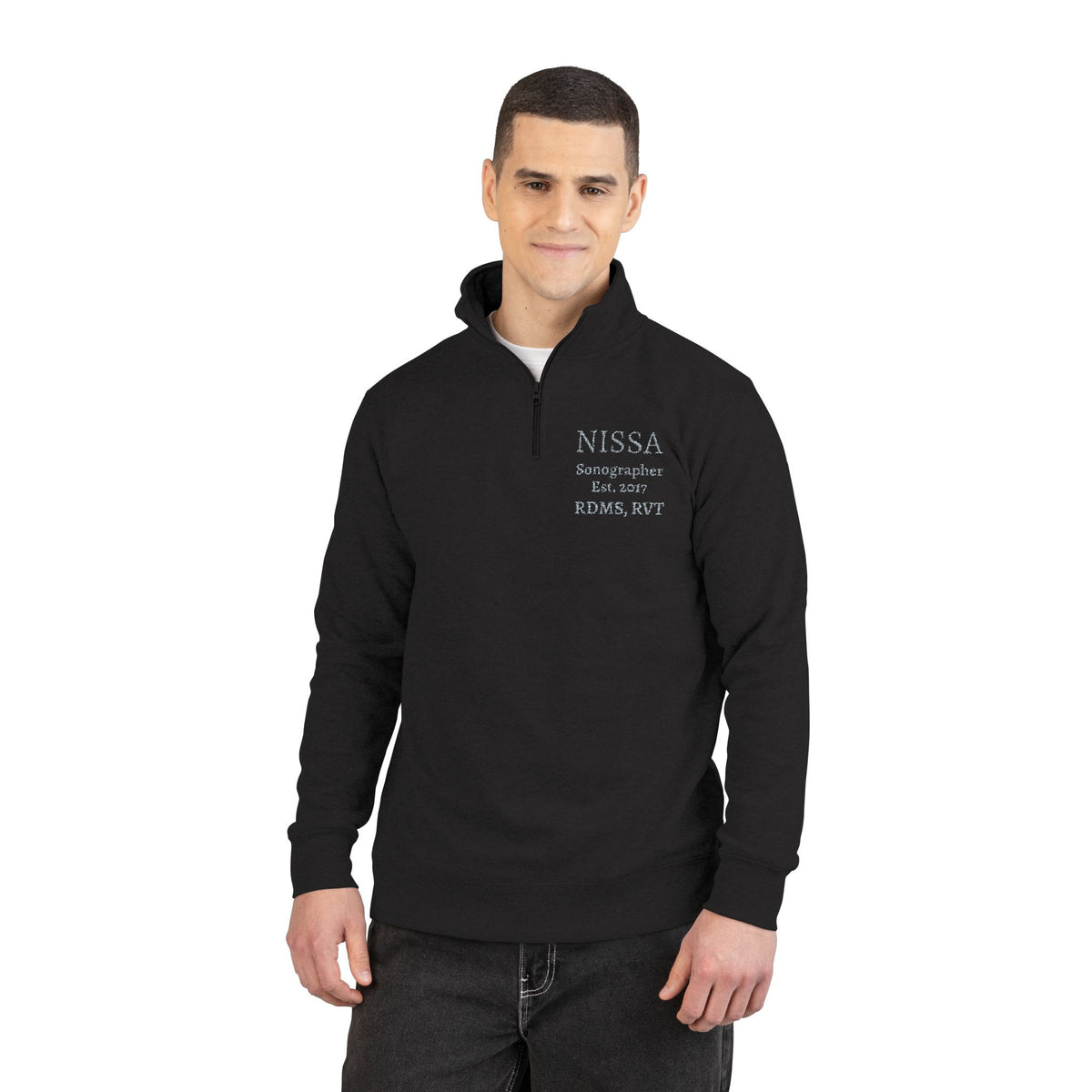Embroidered Quarter‑Zip Fleece Pullover — Minimal 'Nissa' Chest Patch