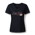 Elegant Floral Echo Tech V-neck tee for cardiac sonographers with Echo Tech in coral script and blush florals, in Black, by Sono Graphics