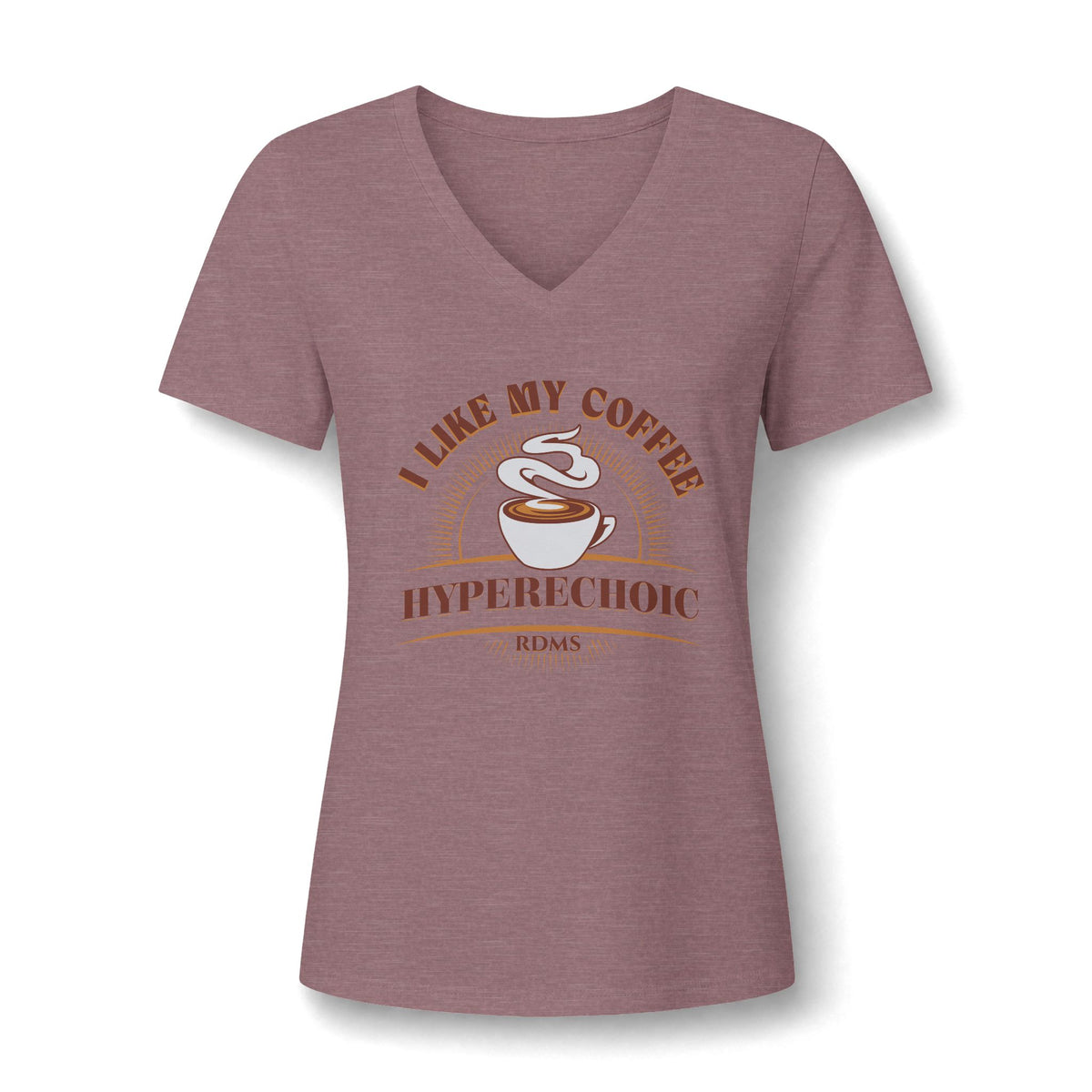 I Like My Coffee Hyperechoic sonographer V-neck tee with a steaming coffee cup and I Like My Coffee Hyperechoic RDMS in retro type, in Heather Mauve, by Sono Graphics