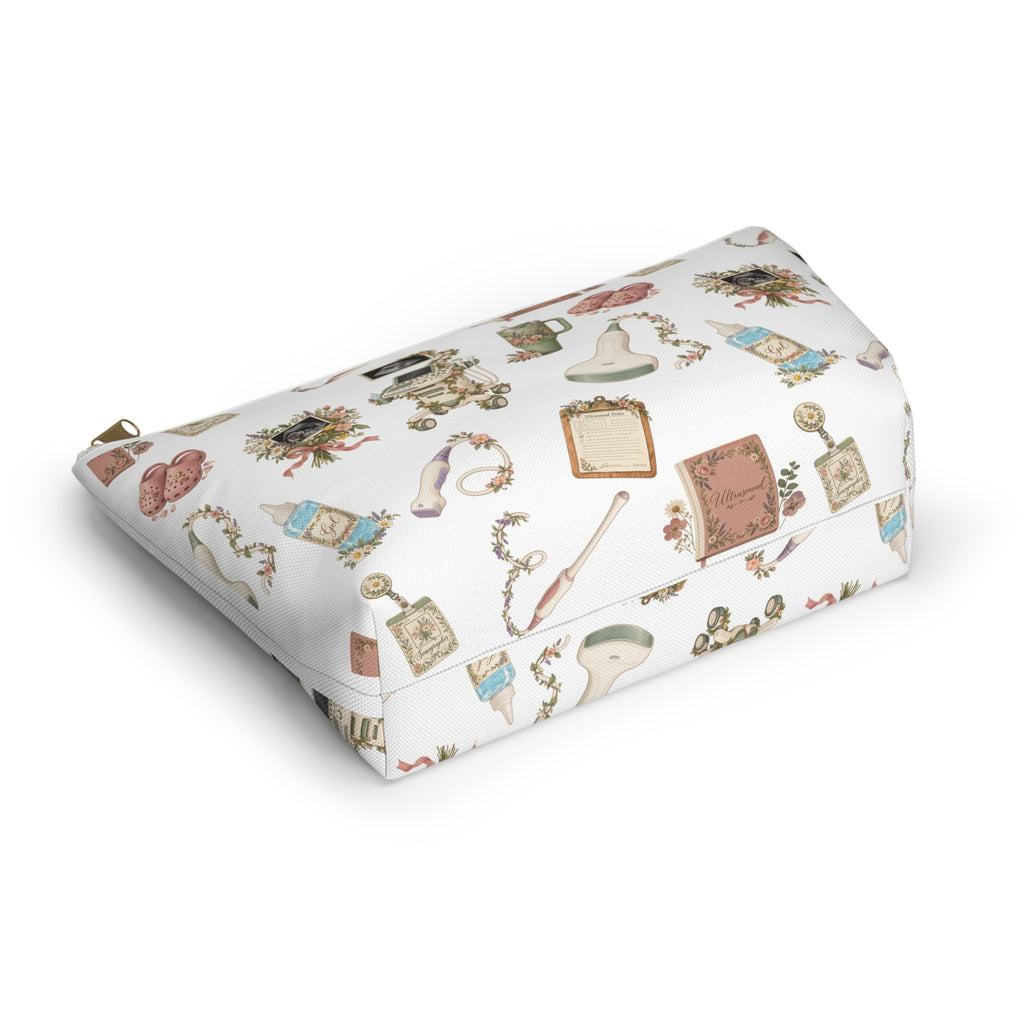 White Floral Ultrasound Tech Accessory Pouch - The tapered T-bottom