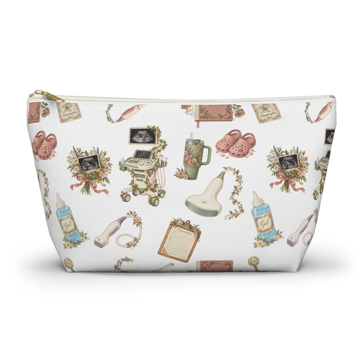 White Floral Ultrasound Tech Accessory Pouch - The tapered T-bottom