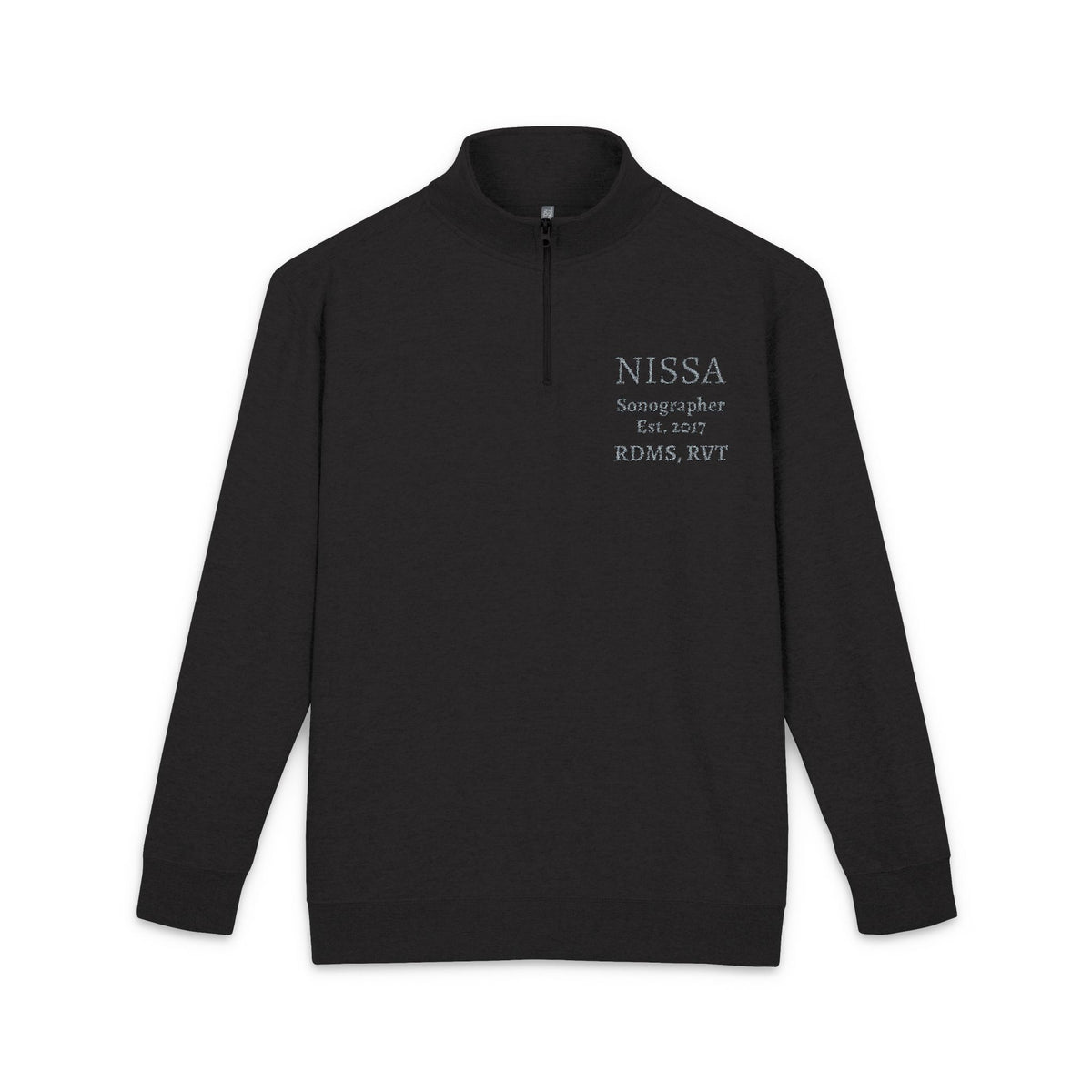 Embroidered Quarter‑Zip Fleece Pullover — Minimal 'Nissa' Chest Patch