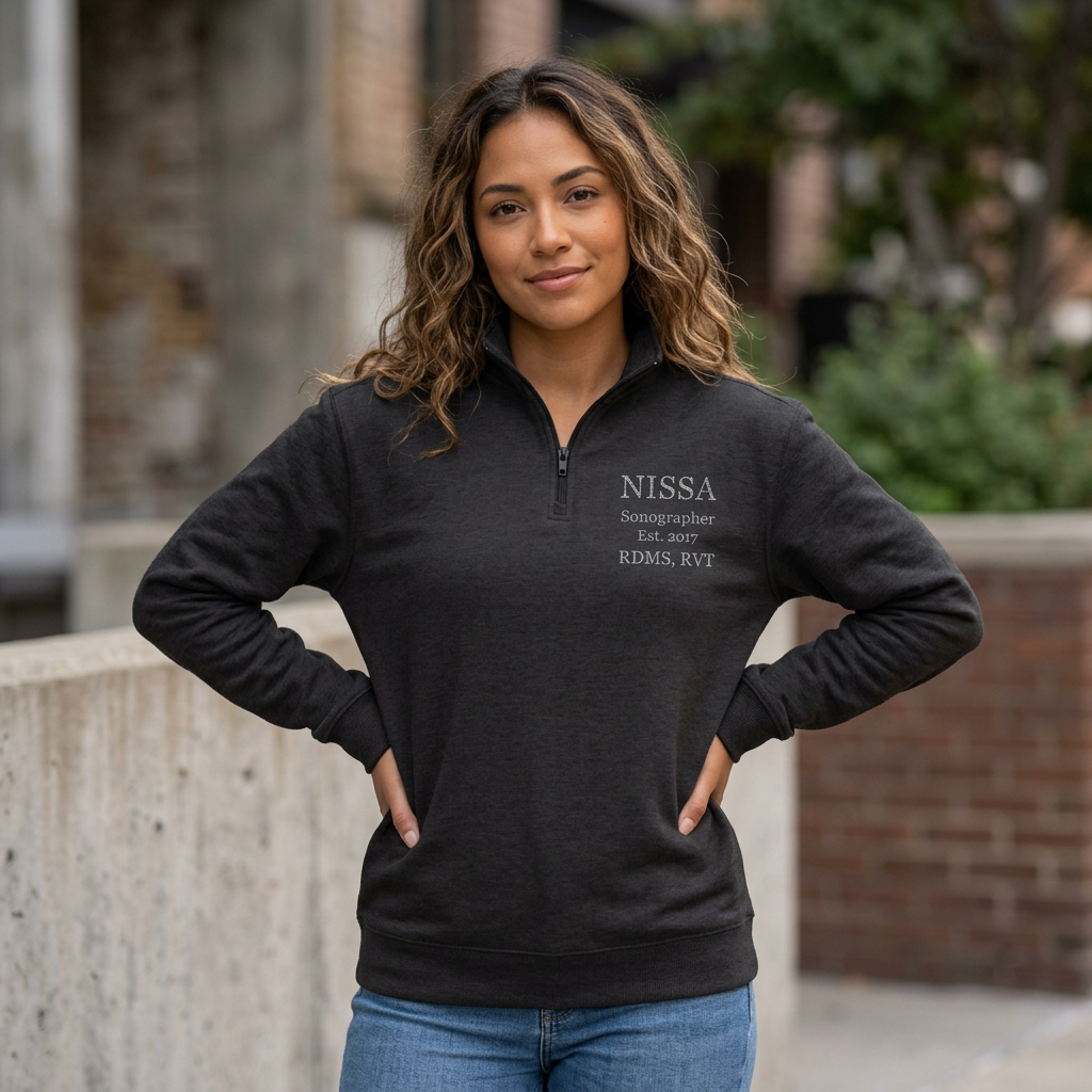 Embroidered Quarter‑Zip Fleece Pullover — Minimal 'Nissa' Chest Patch