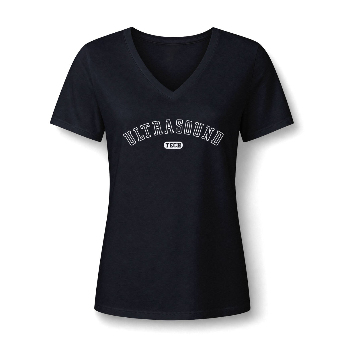 Ultrasound Tech University V-neck tee with ULTRASOUND in arched collegiate letters and a TECH badge, in Black, by Sono Graphics