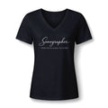 Echoes Speak Louder Than Words Elegant Script V-neck tee with Sonographer in script over the line Echoes Speak Louder Than Words, in Black, by Sono Graphics