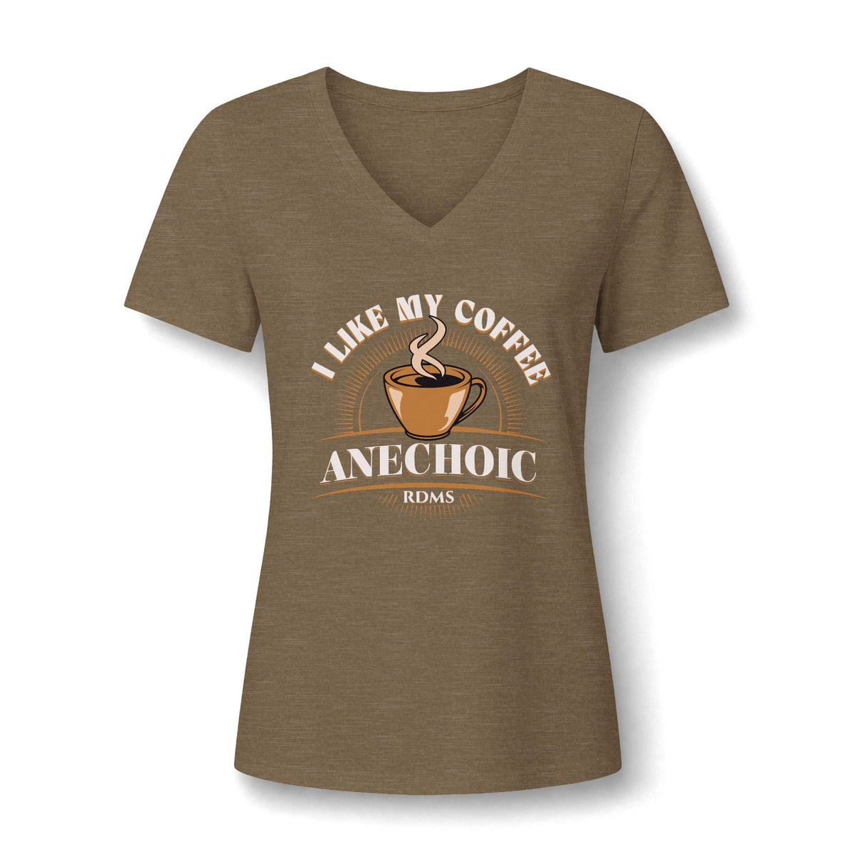 I Like My Coffee Anechoic sonographer V-neck tee with a black coffee cup and I Like My Coffee Anechoic RDMS in retro type, in Heather Olive, by Sono Graphics