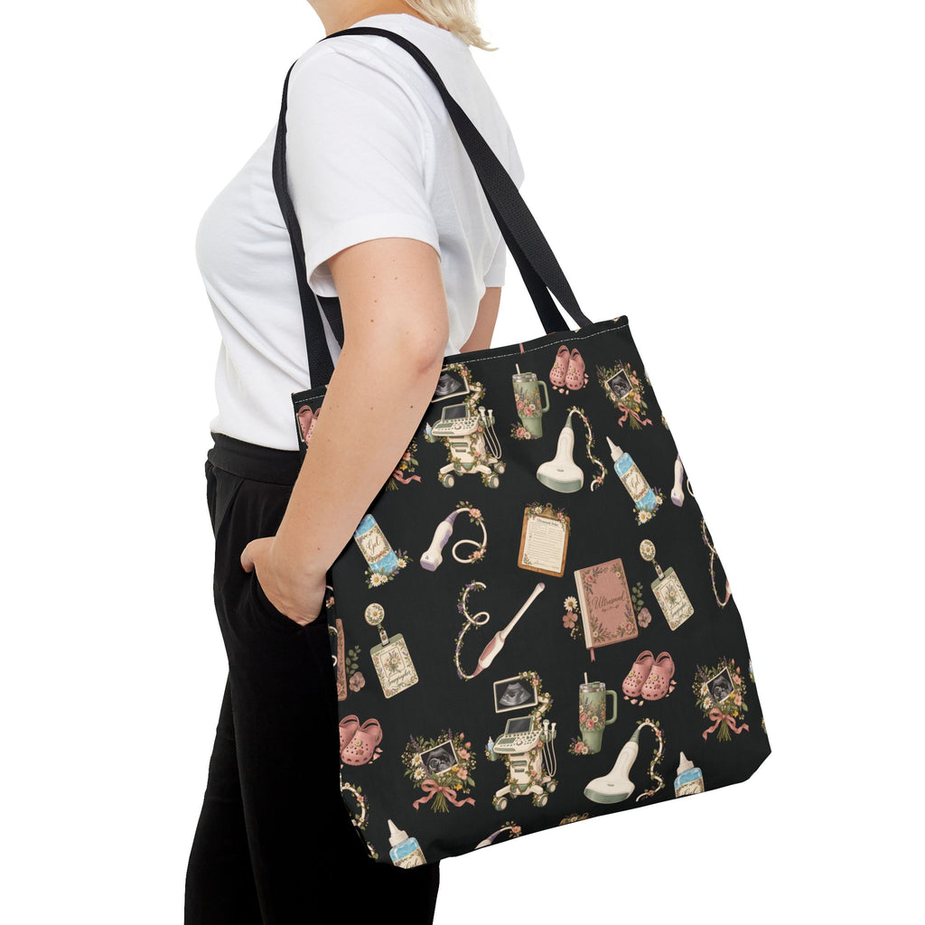 Black Floral Ultrasound Tech Tote Bag for Sonographers