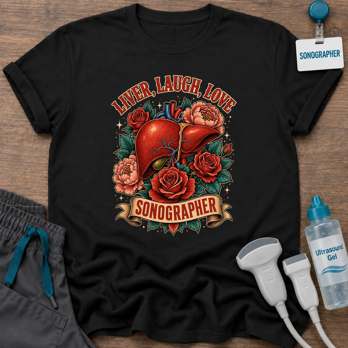 Liver Laugh Love Sonographer t-shirt with a tattoo-style anatomical liver with red roses and a “Sonographer” banner under the words “Liver, Laugh, Love”, in Black, by Sono Graphics