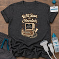 Will Scan for Chocolate Retro Ultrasound sonographer t-shirt with a vintage ultrasound machine showing a chocolate bar on the screen under the words “Will Scan for Chocolate”, in Dark Heather, by Sono Graphics