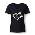 Butterfly Ultrasound Technologist V-neck tee with a transducer cord heart, blush flowers, a butterfly and Ultrasound Technologist script, in Black, by Sono Graphics