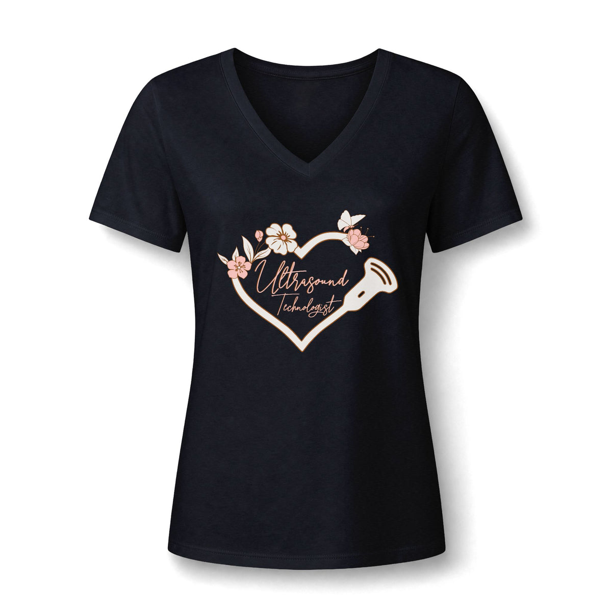 Butterfly Ultrasound Technologist V-neck tee with a transducer cord heart, blush flowers, a butterfly and Ultrasound Technologist script, in Black, by Sono Graphics
