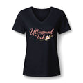 Elegant Floral Ultrasound Tech V-neck tee with Ultrasound Tech in coral script, a pink flower and greenery, in Black, by Sono Graphics
