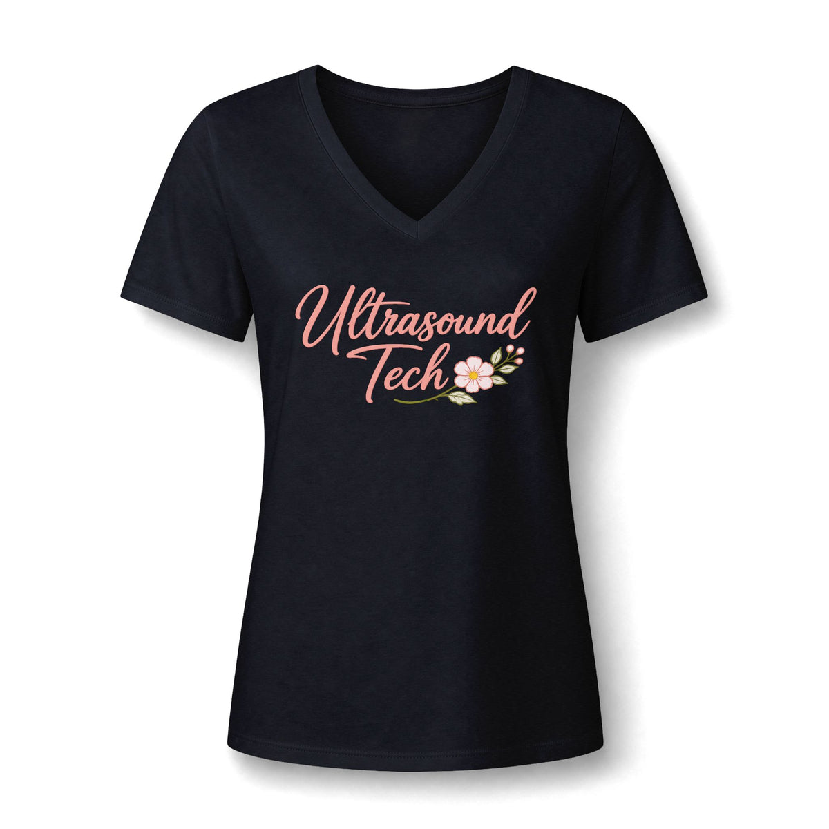 Elegant Floral Ultrasound Tech V-neck tee with Ultrasound Tech in coral script, a pink flower and greenery, in Black, by Sono Graphics