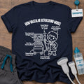 How Vascular Ultrasound Works Male t-shirt with a line-art diagram of a male vascular tech at an ultrasound machine with funny labels like “Plaque Hunting Headquarters”, in Navy, by Sono Graphics