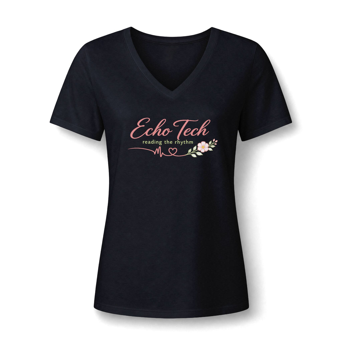 Echo Tech Boutique Rhythm V-neck tee with Echo Tech in coral script, reading the rhythm, an ECG line and blush florals, in Black, by Sono Graphics