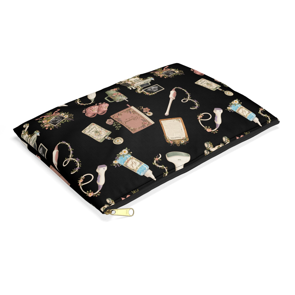 Black Floral Ultrasound Tech Accessory Pouch - Makeup Bag, Pencil Pouch