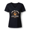 I Like My Coffee Anechoic sonographer V-neck tee with a black coffee cup and I Like My Coffee Anechoic RDMS in retro type, in Black, by Sono Graphics