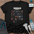 Vascular Alphabet t-shirt with an A to Z vascular ultrasound alphabet chart with icons from Aorta and Brachial to Y-Graft and Zero Baseline, in Black, by Sono Graphics