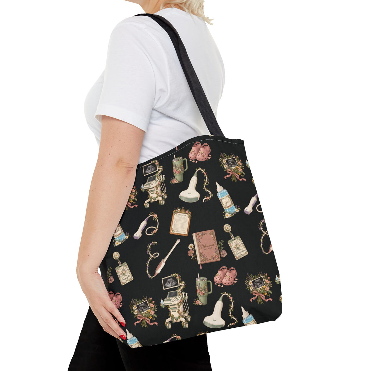 Black Floral Ultrasound Tech Tote Bag for Sonographers