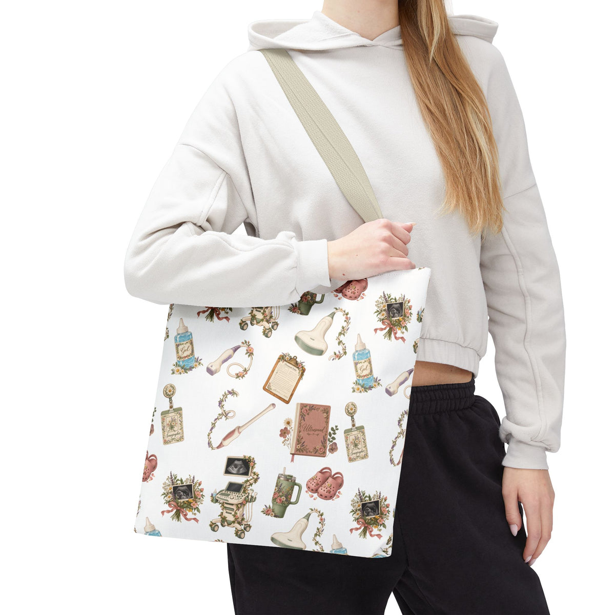 White Floral Ultrasound Tech Tote Bag for Sonographers