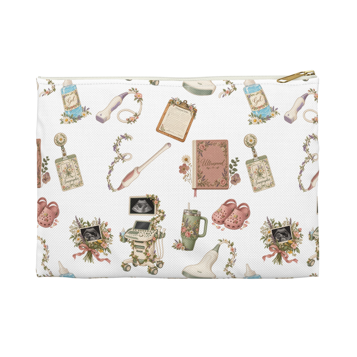 White Floral Ultrasound Tech Accessory Pouch - Makeup Bag, Pencil Pouch