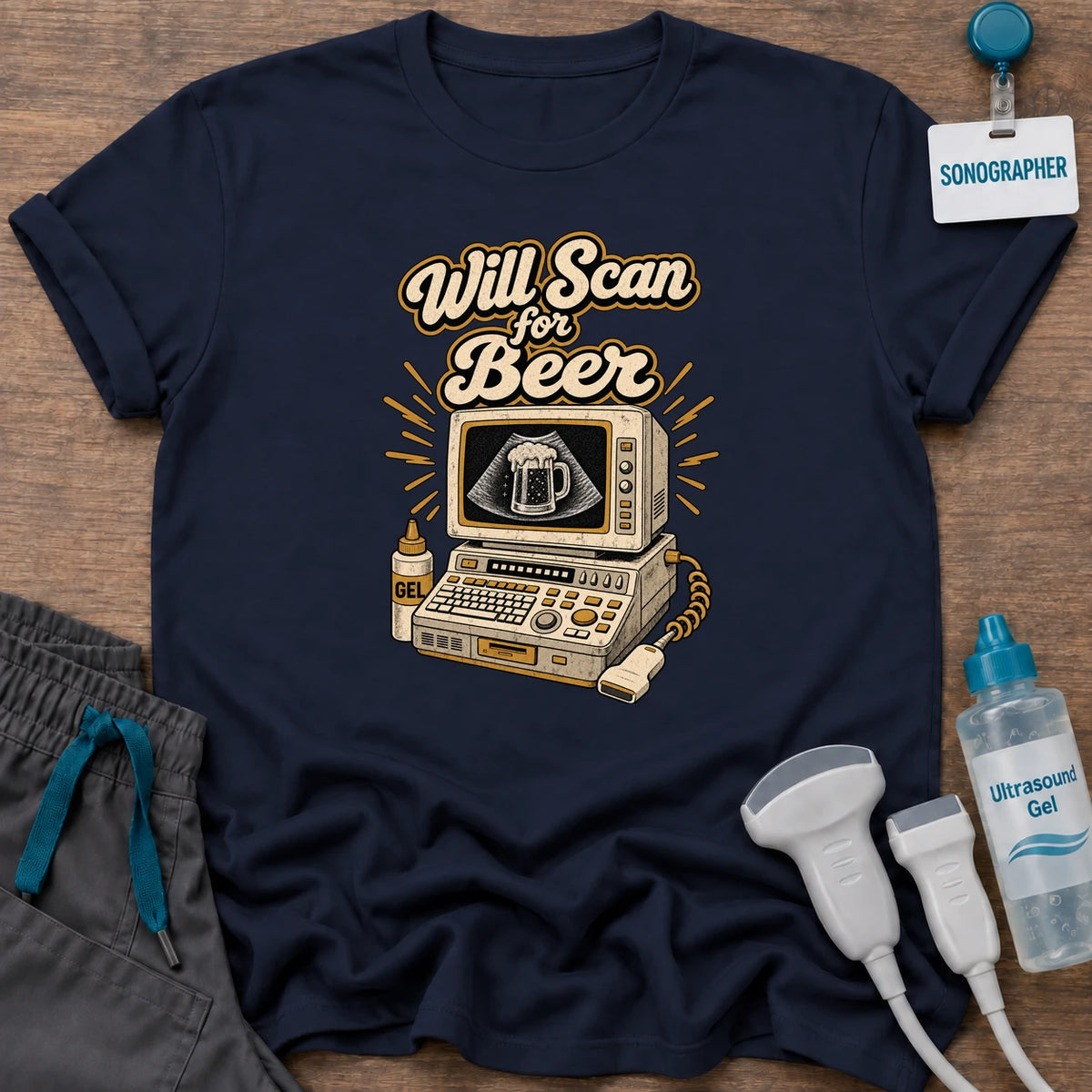 Will Scan for Beer Retro Ultrasound sonographer t-shirt with a vintage ultrasound machine showing a foamy mug of beer on the screen under the words “Will Scan for Beer”, in Navy, by Sono Graphics