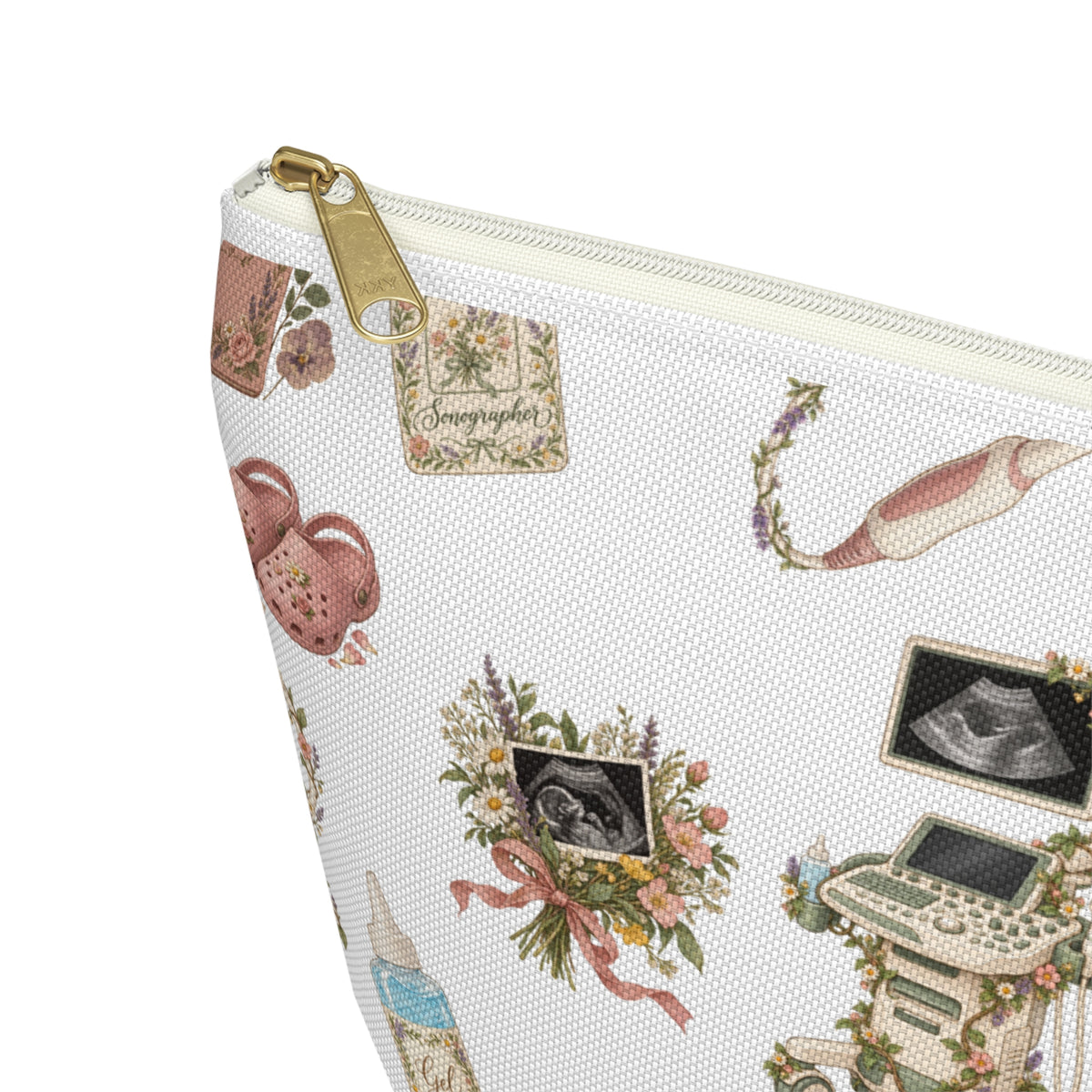 White Floral Ultrasound Tech Accessory Pouch - The tapered T-bottom