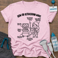 How OB Ultrasound Works Line Art t-shirt with a line-art diagram of an OB sonographer at an ultrasound machine with funny labels like “Baby Who Won't Turn” and “Gender Reveal Headquarters”, in Light Pink, by Sono Graphics