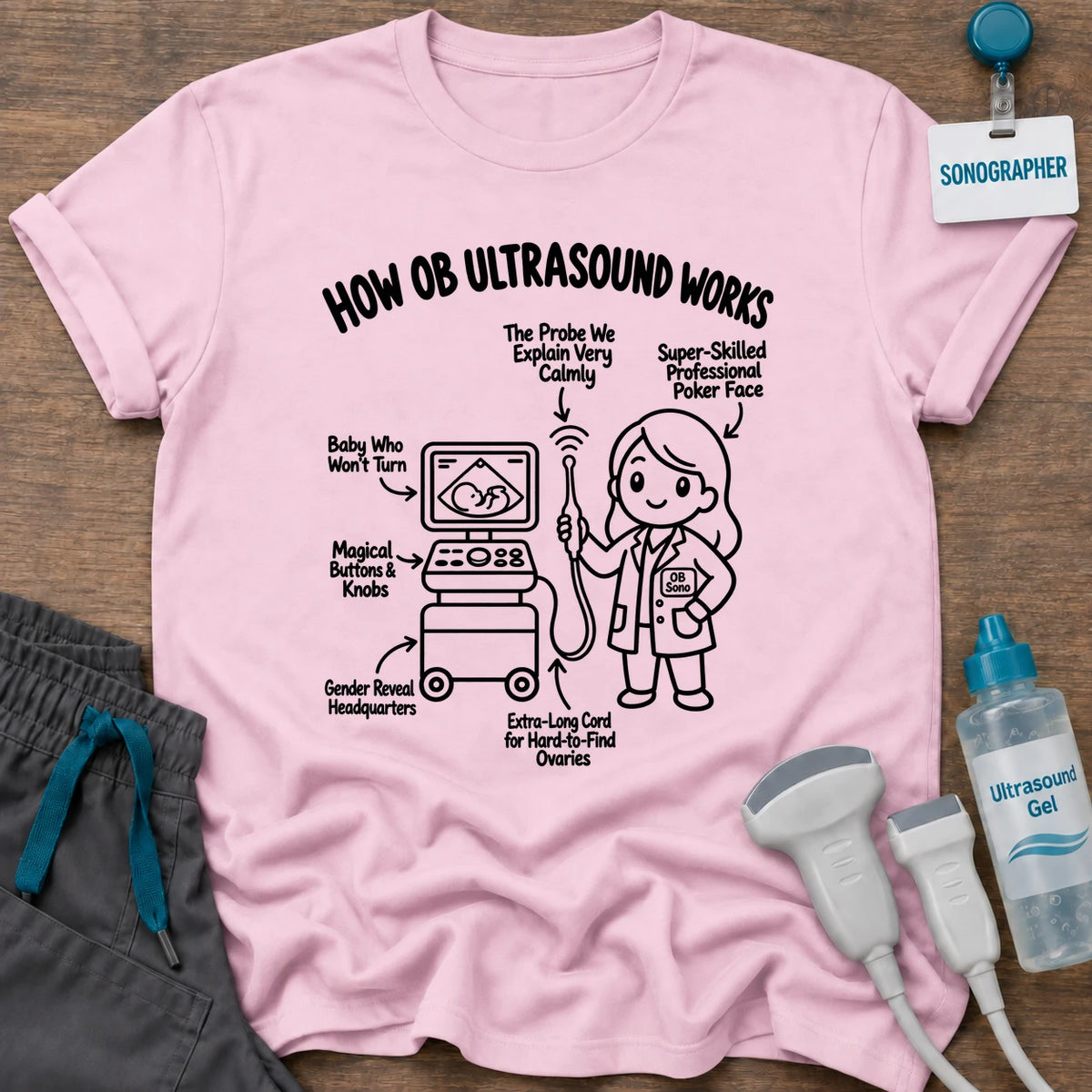 How OB Ultrasound Works Line Art t-shirt with a line-art diagram of an OB sonographer at an ultrasound machine with funny labels like “Baby Who Won't Turn” and “Gender Reveal Headquarters”, in Light Pink, by Sono Graphics