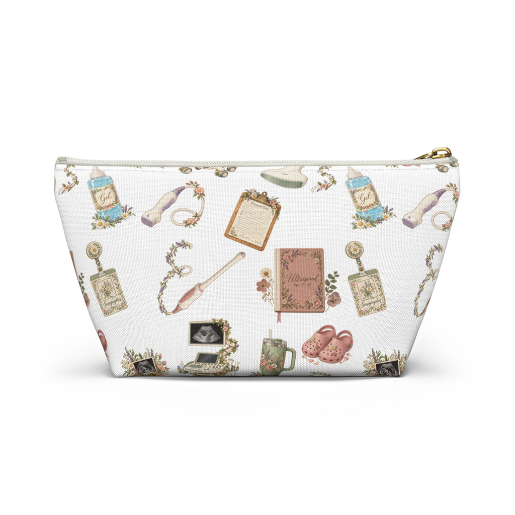 White Floral Ultrasound Tech Accessory Pouch - The tapered T-bottom