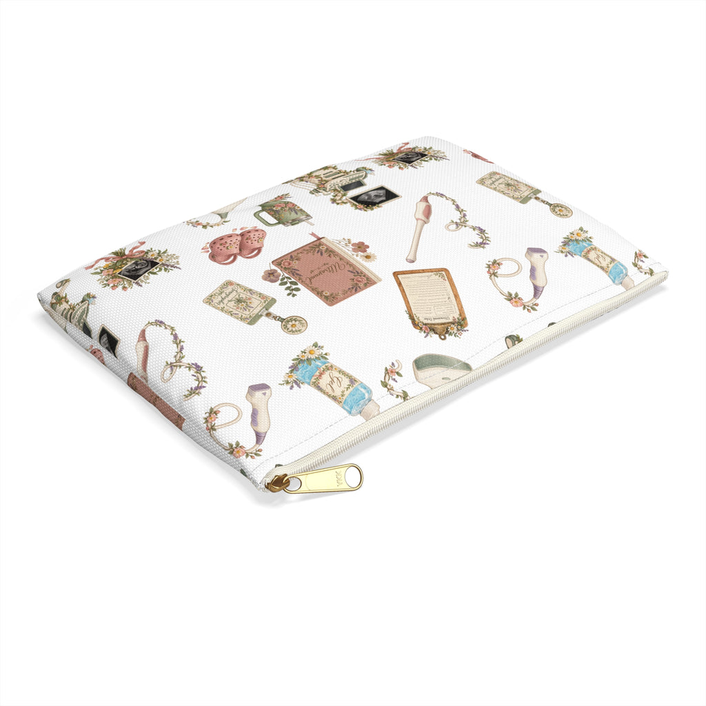 White Floral Ultrasound Tech Accessory Pouch - Makeup Bag, Pencil Pouch