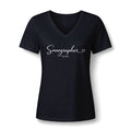 Sonographer Elegant Script Heart V-neck tee with Sonographer in flowing script, a small heart and RDMS, in Black, by Sono Graphics