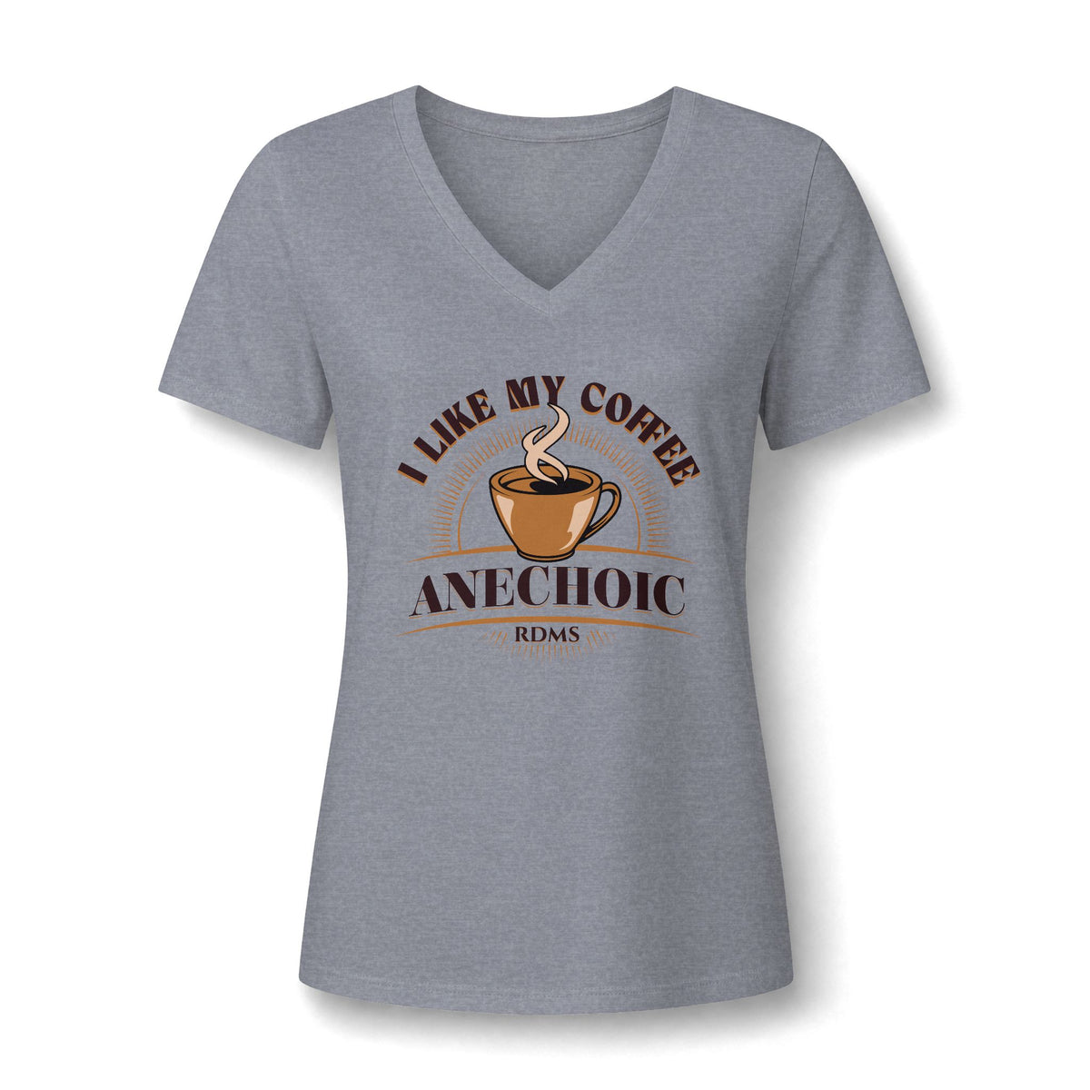 I Like My Coffee Anechoic sonographer V-neck tee with a black coffee cup and I Like My Coffee Anechoic RDMS in retro type, in Athletic Heather, by Sono Graphics