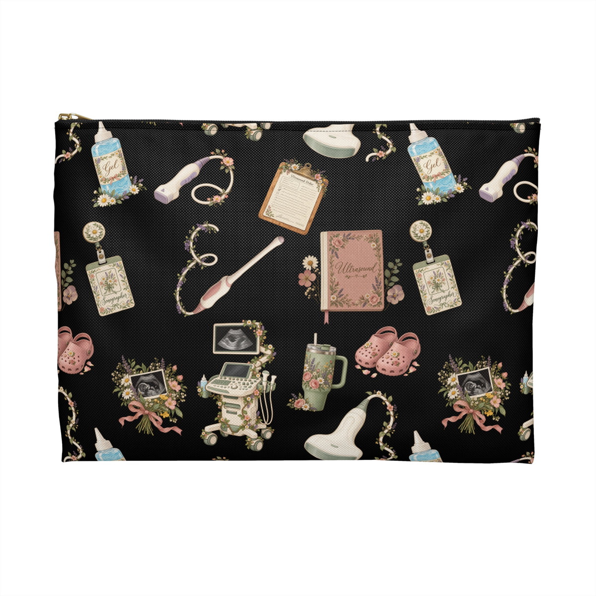 Black Floral Ultrasound Tech Accessory Pouch - Makeup Bag, Pencil Pouch