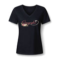 Elegant Floral Sonographer V-neck tee with Sonographer in pink script ending in a transducer cord, with blush roses, in Black, by Sono Graphics